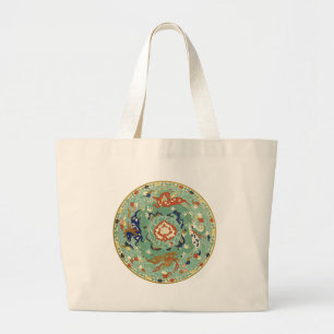 Antiek Chinese cirkel blauw groen Grote Tote Bag