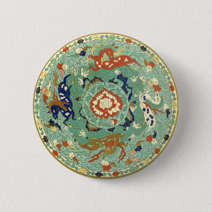 Antiek Chinese cirkel blauw groen Ronde Button 5,7 Cm