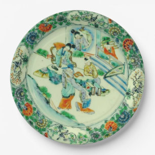 Antiek Chinese  Groene Chinoiserie Bloemen Papieren Bordje