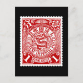 Antiek Chinese postzegel in rood T-shirt lang Briefkaart (Voorkant)