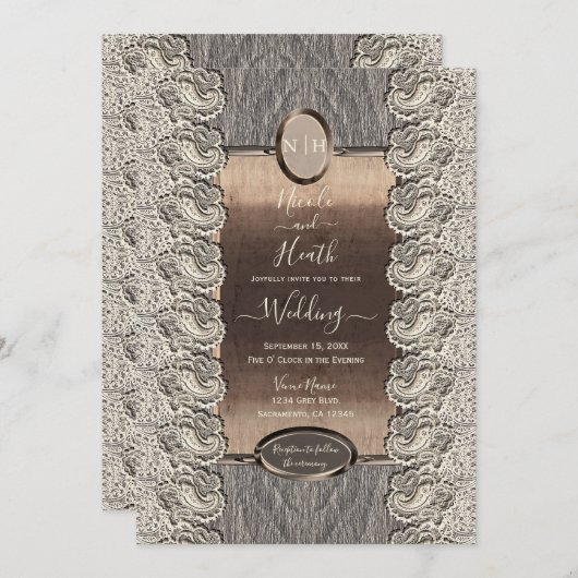 Antiek crème met grijs hout en koperbruiloft kaart (Voorkant / Achterkant)