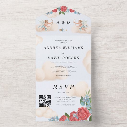 Antiek Cupido  Bloemen Huwelijk All In One Uitnodiging (Binnen)