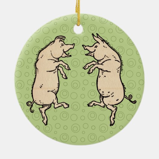 Antiek Dansende Varkens: grillige  Piggy Jig Keramisch Ornament (Achterkant)