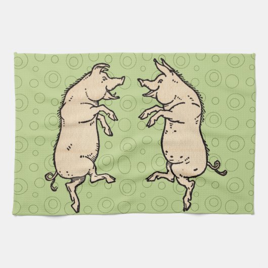 Antiek Dansende Varkens: grillige  Piggy Jig Theedoek (Horizontaal)
