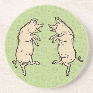 Antiek Dansende Varkens: grillige Piggy Jig Zandsteen Onderzetter