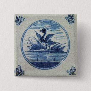 Antiek Delft Blue Tegel - Duck in Water Vierkante Button 5,1 Cm