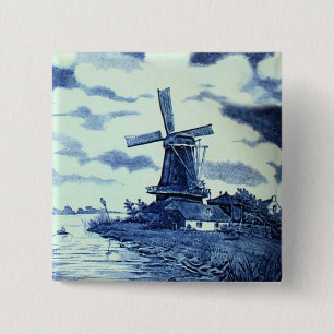 Antiek delft Blue-tegel - windmolen Vierkante Button 5,1 Cm