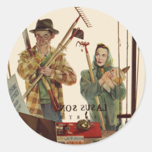 Antiek echtpaar met tuingereedschap ronde sticker