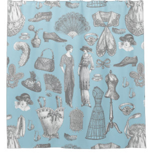 antiek Edwardiaanse  mode dames blauw Douchegordijn