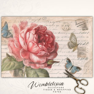 Antiek Elegantie Roos en Vlinder Decoupage Tissuepapier