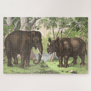 Antiek Elephant Rhino-Waterverf Afdrukken Legpuzzel
