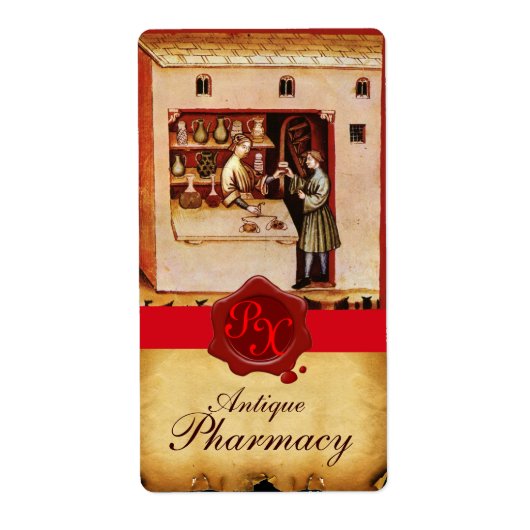 ANTIEK FARMACY RED WAX SEAL MONOGRAM ETIKET (Voorkant)