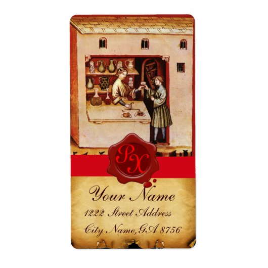 ANTIEK FARMACY RED WAX SEAL MONOGRAM ETIKET (Voorkant)