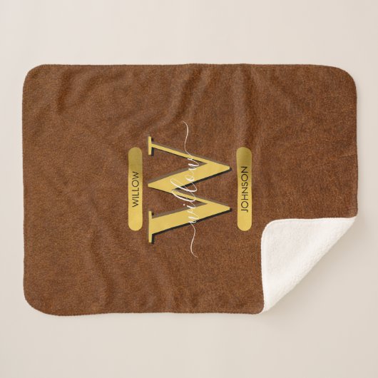 Antiek Faux-leder en goudmonogram Sherpa Deken (Voorkant (horizontaal))