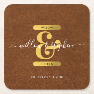 Antiek Faux-leder en goudmonogram Vierkante Kartonnen Onderzetter