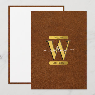 Antiek Faux leder & Gold Monogram Opmerking Kaart