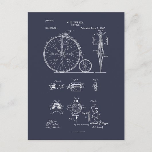 Antiek Fiets 1887 Penny Farthing Patent Tekening Briefkaart (Voorkant)