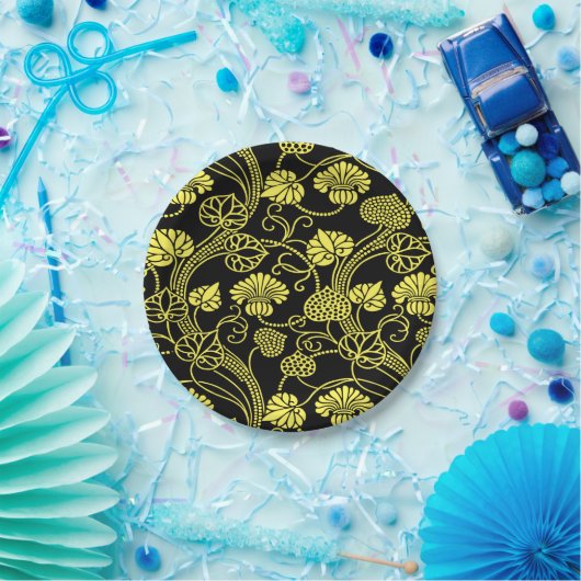 Antiek Floral Pattern Black and Yellow Papieren Bordje (Feest)