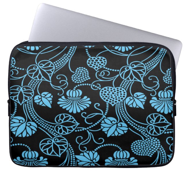 Antiek Floral Pattern Black op Blue Laptop Sleeve (Voorkant)