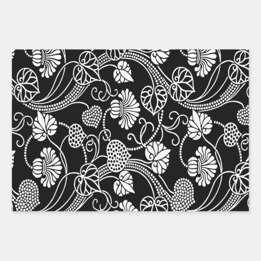 Antiek Floral Pattern Black op White Inpakpapier Vel (Voorkant 3)