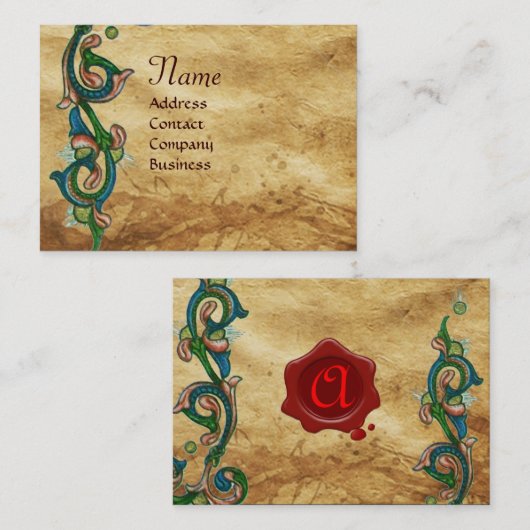 ANTIEK FLORENTINE PARCHMENT RED WAX SEAL MONOGRAM VISITEKAARTJE (Voorkant / Achterkant)