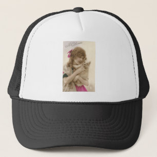Antiek foto Victoriaans vrouw en hond Trucker Pet