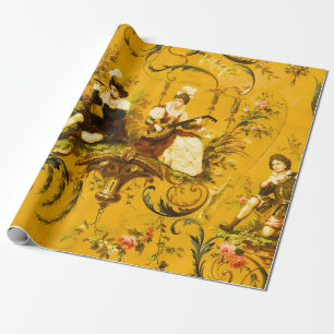 Antiek Franse Gele Toile Victoriaans Decoupage Cadeaupapier