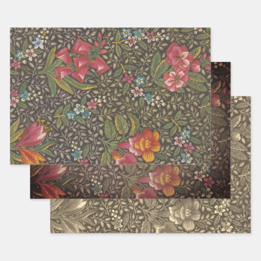 Antiek Franse Toile de Jouy 1800s Floral Branches Inpakpapier Vel (Set)