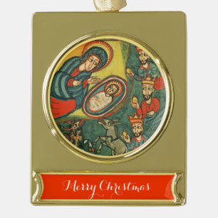 ANTIEK GEBOORTEPERKAMENT, AANBIDDING VAN MAGI VERGULD BANNER ORNAMENT