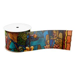 Antiek glas-in-lood met pauwen en bloemen lint