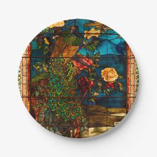 Antiek glas-in-lood met pauwen en bloemen papieren bordje