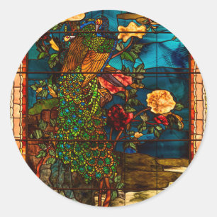 Antiek glas-in-lood met pauwen en bloemen ronde sticker