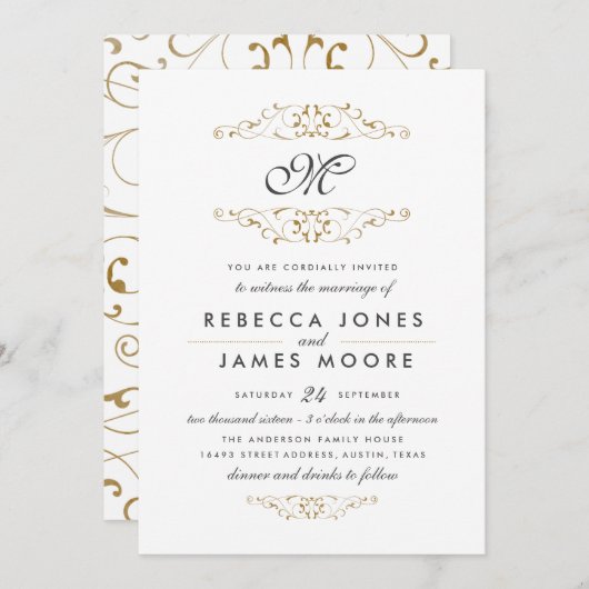 Antiek goud bloeien monogram bruiloft uitnodiging (Voorkant / Achterkant)