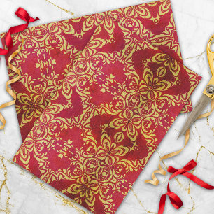  Antiek  goud- en rood Damaspatroon Tissuepapier