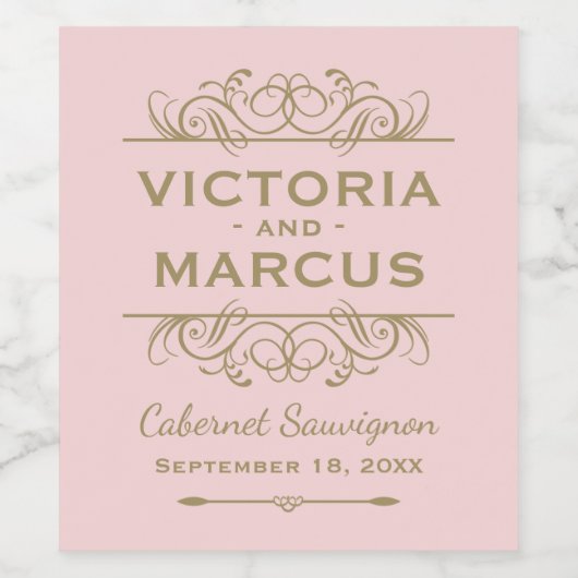 Antiek goudbruin monogram roze flesje wijn etiket (Enkel label)