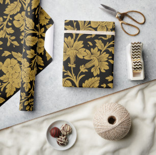 Antiek gouden bloemmotief Indiase Lac-werk zwarte Cadeaupapier