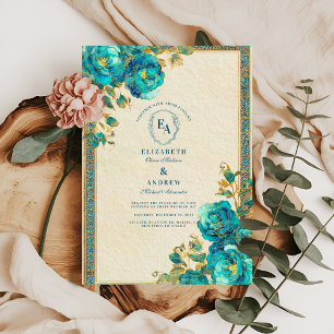 Antiek gouden en Blauwgroen botanische bruiloft Kaart