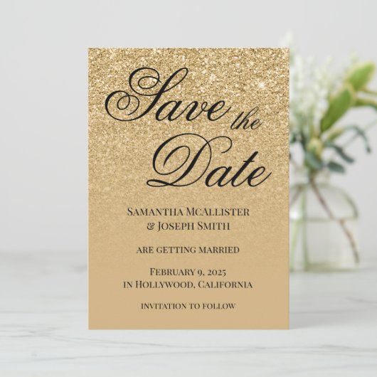 Antiek gouden glitter gradiënt save the date (Staand voorkant)
