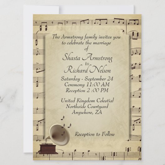 Antiek Gramophone Music Wedding Theme Uitnodiging (Voorkant)