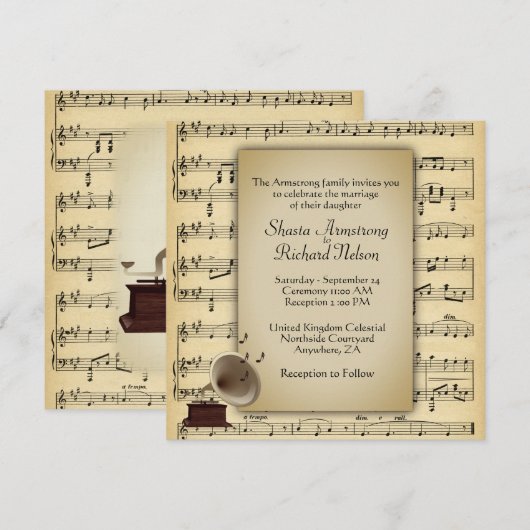 Antiek Gramophone Music Wedding Theme Uitnodiging (Voorkant / Achterkant)