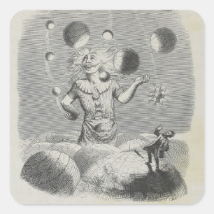Antiek Grandville Humor Astronomy Planet Juggling Vierkante Sticker