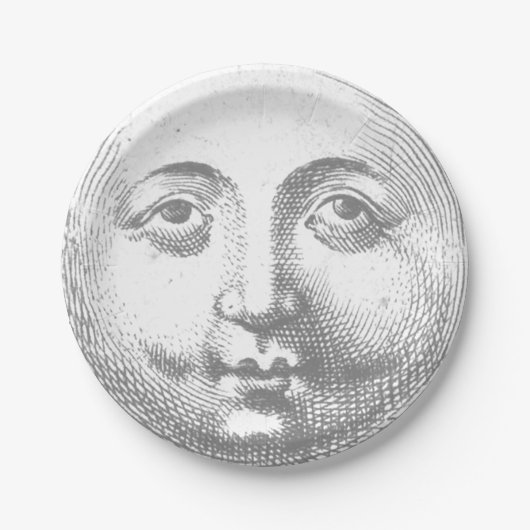 Antiek grijze maangezicht papieren bordje (Voorkant)