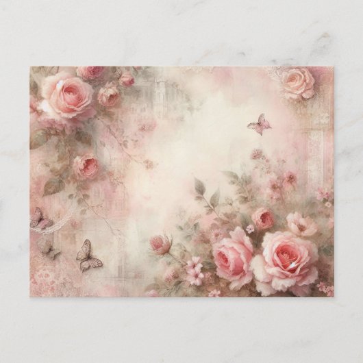 Antiek grillige roze rozentuin, decoupage feestdagenkaart (Voorkant)