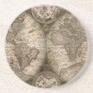 Antiek Historische Oude Wereld Atlas Kaart Lithogr Zandsteen Onderzetter