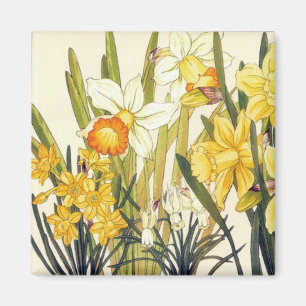 Antiek Hout Block Print Daffodils Magnet Magneet