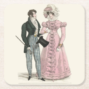 Antiek Huwelijkspaar 1823 Man Vrouw Mode Vierkante Kartonnen Onderzetter