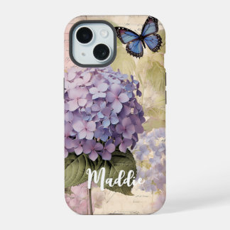 Antiek Hydrangea & Vlinderblauw Aangepaste Naam iPhone 15 Hoesje