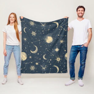 Antiek Ivoor Hemelse Maan Sterrenkaart Marineblauw Fleece Deken