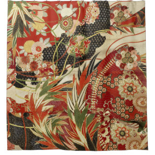 ANTIEK JAPANESE STROMEN Rode groene zwarte Floral Douchegordijn