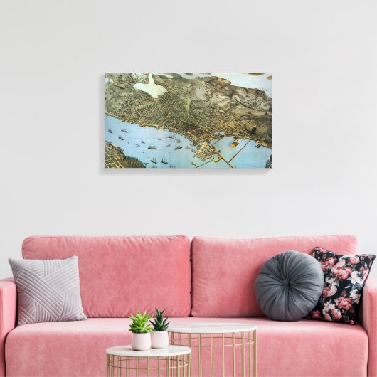 Antiek Kaart Aerial Uitzicht City of Seattle Washi Canvas Afdruk (Insitu (Woonkamer))